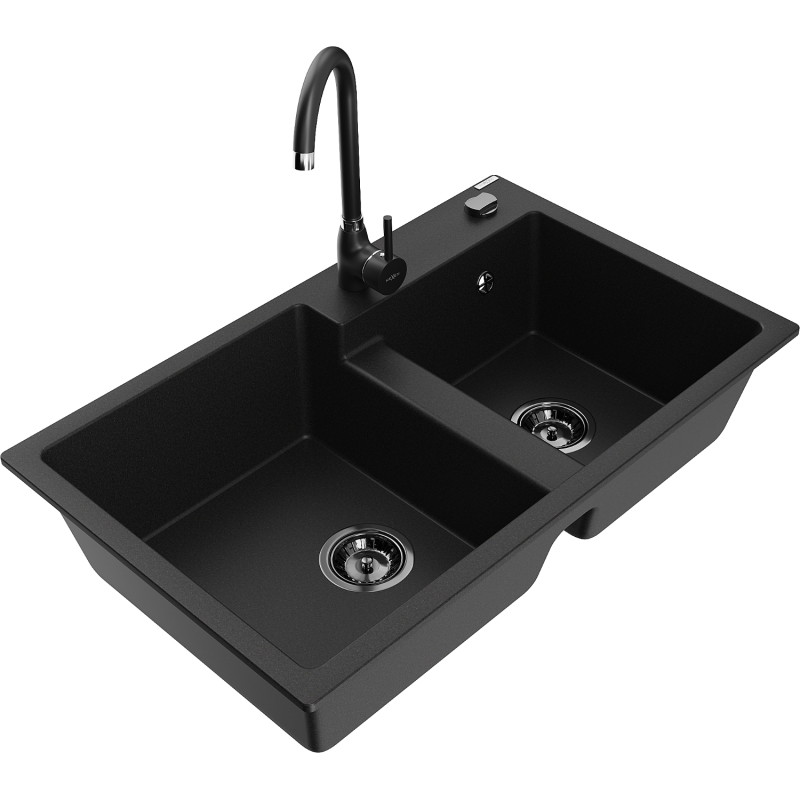 Mexen Tomas granite 2-bowl kitchen sink with Telma faucet, black - 6516-77-670200-70-B