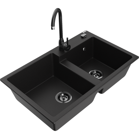 Mexen Tomas granite double-bowl kitchen sink with Telma faucet, black - 6516-77-670200-70-B