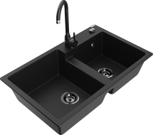 Mexen Tomas granite 2-bowl kitchen sink with Telma faucet, black - 6516-77-670200-70-B
