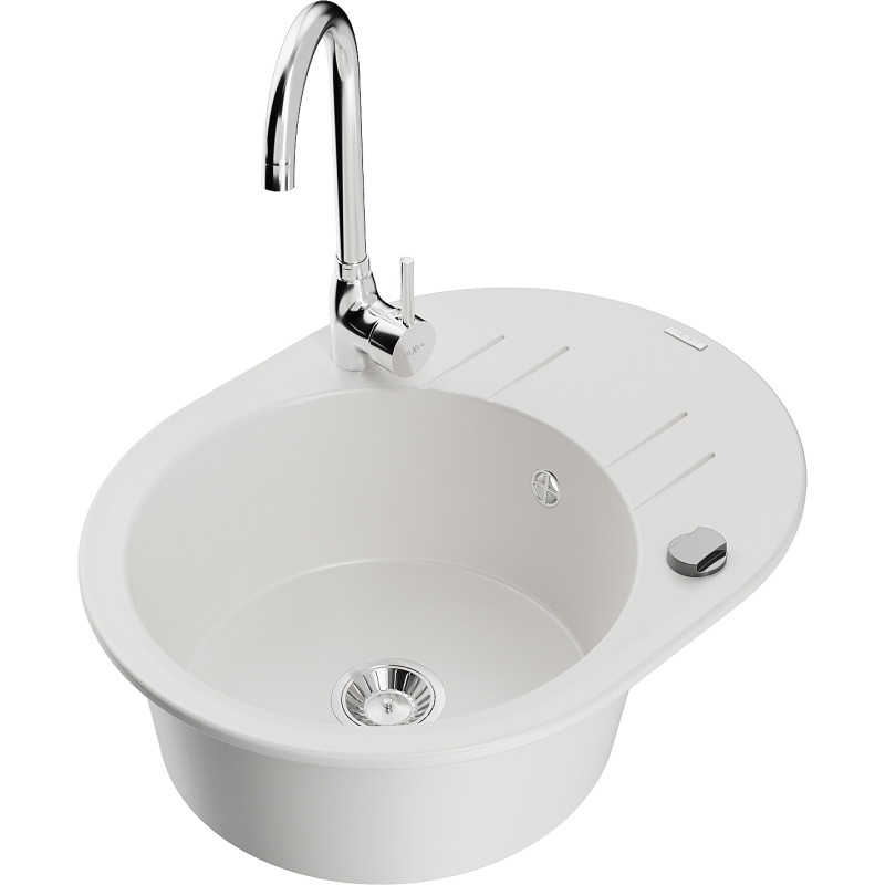 Mexen Kevin granite sink 1-bowl with drainer and kitchen faucet Telma, white - 6517-20-670200-00