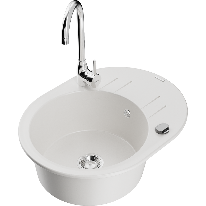 Mexen Kevin single-bowl granite sink with drainer and Telma kitchen tap, white - 6517-20-670200-00