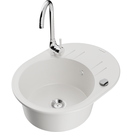 Mexen Kevin 1-compartment granite sink with a drip tray and kitchen mixer tap Telma, White - 6517-20-670200-00