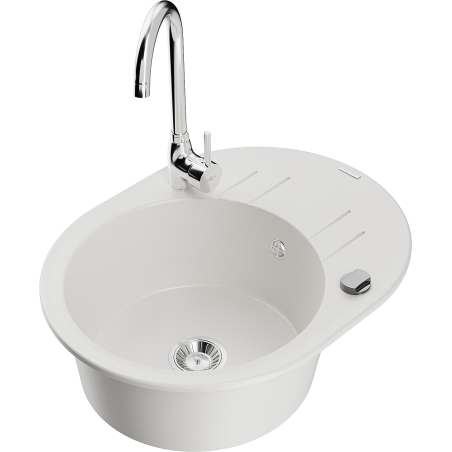 Mexen Kevin granite kitchen sink 1-bowl with drainer and kitchen faucet Telma, white - 6517-20-670200-00