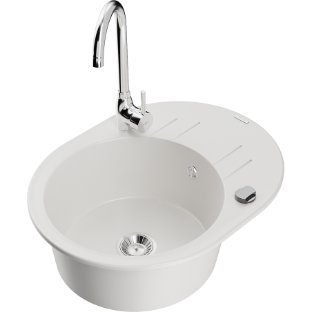 Mexen Kevin single-bowl granite sink with drainer and Telma kitchen tap, white - 6517-20-670200-00