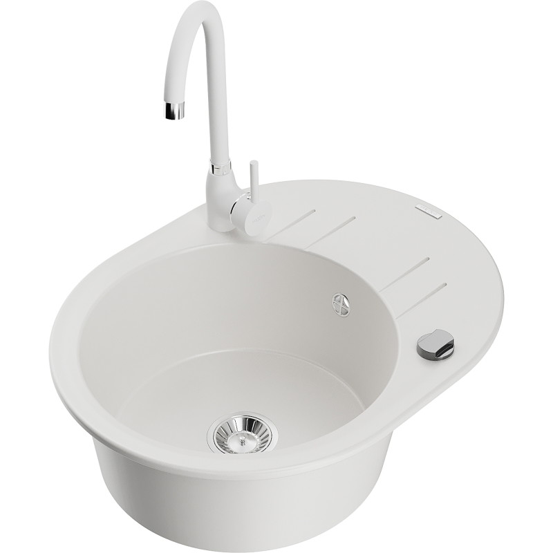 Mexen Kevin 1-Bowl Granite Sink with Drainer and Telma Kitchen Faucet, White - 6517-20-670200-20