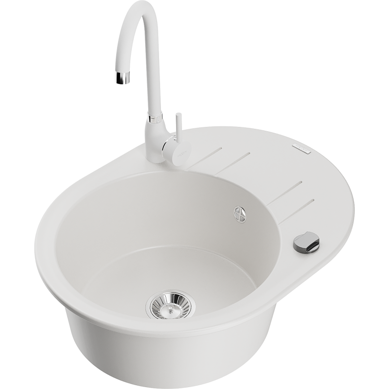 Mexen Kevin 1-bowl granite sink with drainer and Telma kitchen tap, white - 6517-20-670200-20