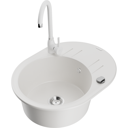 Mexen Kevin 1-Bowl Granite Sink with Drainer and Telma Kitchen Faucet, White - 6517-20-670200-20
