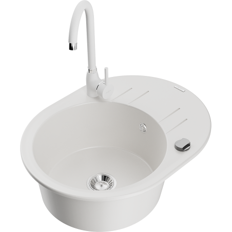 Mexen Kevin 1-bowl granite sink with drainer and Telma kitchen tap, white - 6517-20-670200-20