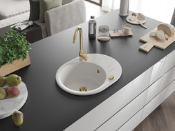 Mexen Kevin 1-bowl granite kitchen sink with drainer and Telma kitchen tap, white - 6517-20-670200-50