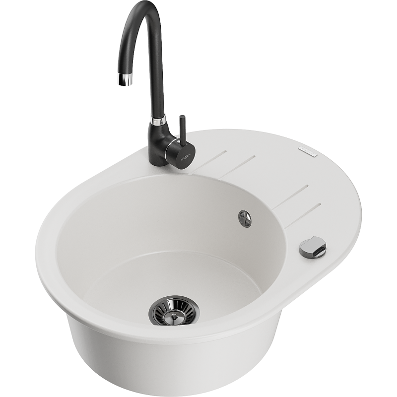 Mexen Kevin 1-compartment granite sink with a drip tray and kitchen mixer tap Telma, White - 6517-20-670200-70