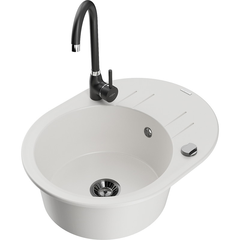 Mexen Kevin granite kitchen sink 1-bowl with drainer and kitchen faucet Telma, white - 6517-20-670200-70