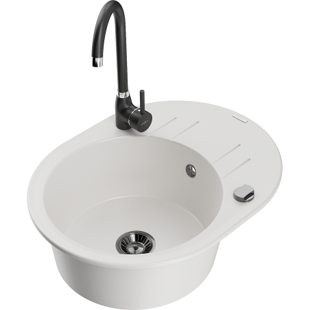 Mexen Kevin granite kitchen sink 1-bowl with drainer and kitchen faucet Telma, white - 6517-20-670200-70