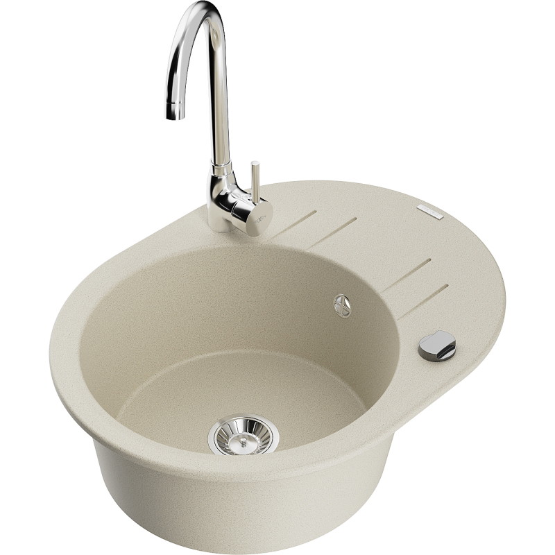 Mexen Kevin granite kitchen sink 1-bowl with drainer and Telma kitchen faucet, beige - 6517-69-670200-00