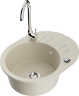 Mexen Kevin 1-compartment granite sink with a drip tray and kitchen mixer tap Telma, Beige - 6517-69-670200-00