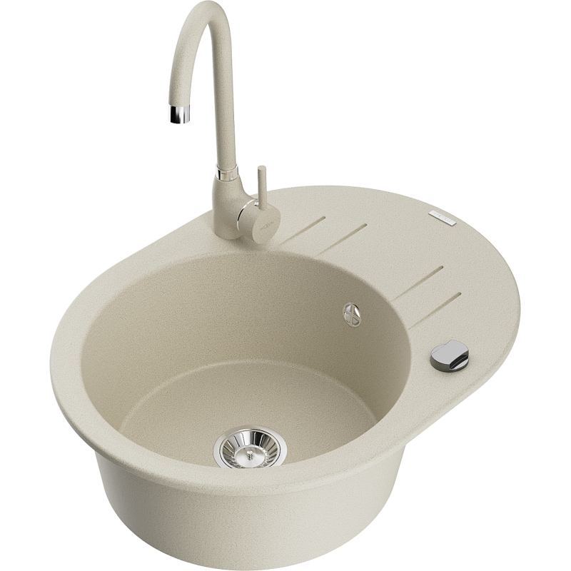 Mexen Kevin 1-basin granite sink with drainer and Telma kitchen tap, beige - 6517-69-670200-69