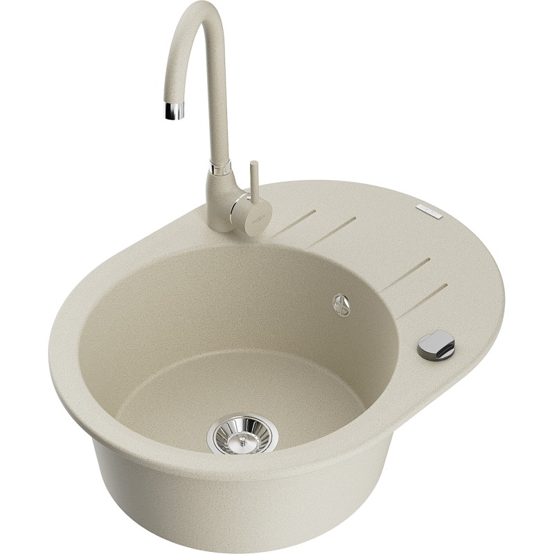 Mexen Kevin granite kitchen sink 1-bowl with drainer and kitchen faucet Telma, beige - 6517-69-670200-69
