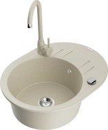 Mexen Kevin 1-bowl granite sink with drainer and Telma kitchen faucet, beige - 6517-69-670200-69