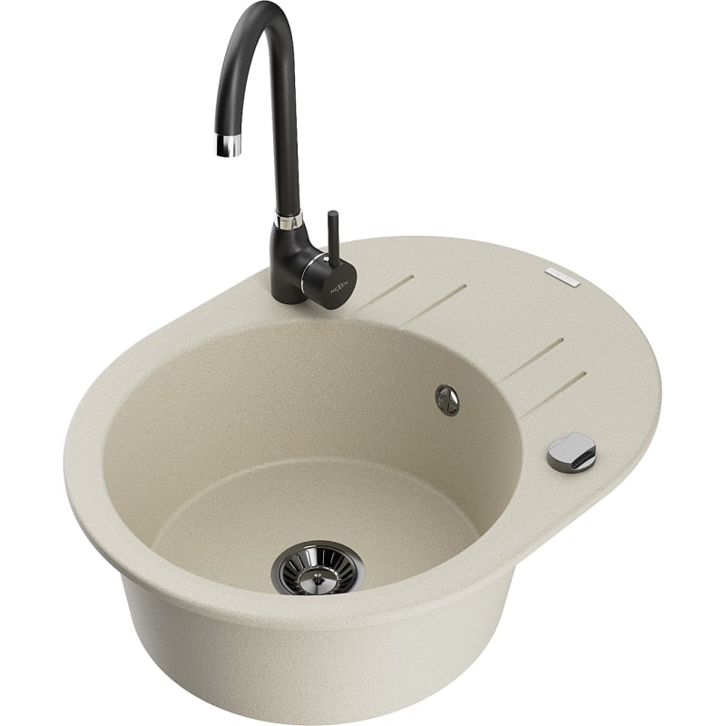 Mexen Kevin 1-bowl granite sink with drainer and Telma kitchen faucet, beige - 6517-69-670200-70