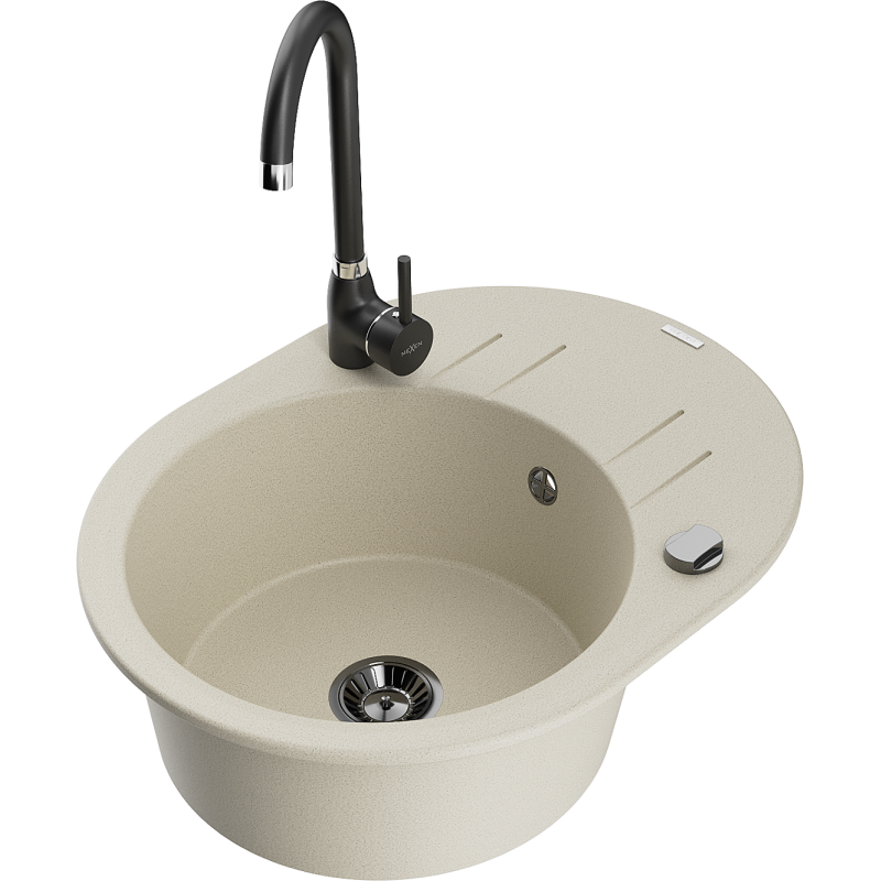 Mexen Kevin 1-compartment granite sink with a drip tray and kitchen mixer tap Telma, Beige - 6517-69-670200-70