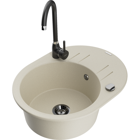 Mexen Kevin granite sink 1-bowl with drainer and Telma kitchen faucet, beige - 6517-69-670200-70
