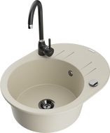 Mexen Kevin 1-bowl granite sink with drainer and Telma kitchen faucet, beige - 6517-69-670200-70