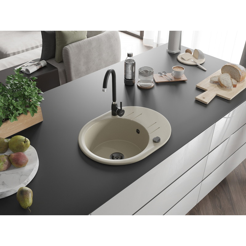 Mexen Kevin granite sink 1-bowl with drainer and Telma kitchen faucet, beige - 6517-69-670200-70
