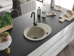 Mexen Kevin 1-compartment granite sink with a drip tray and kitchen mixer tap Telma, Beige - 6517-69-670200-70