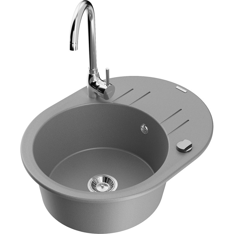 Mexen Kevin granite kitchen sink 1-bowl with drainer and Telma kitchen faucet, gray - 6517-71-670200-00