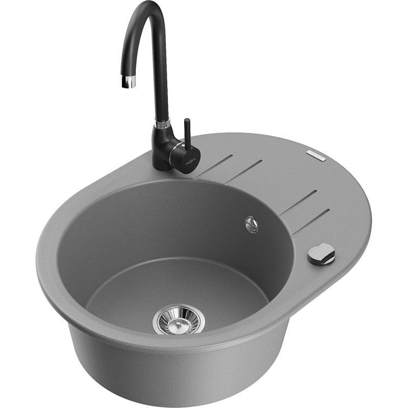 Mexen Kevin 1-bowl granite kitchen sink with drainer and Telma faucet, gray - 6517-71-670200-70