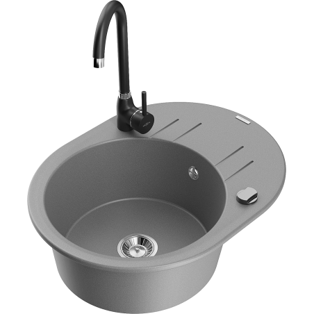 Mexen Kevin granite kitchen sink single bowl with drainer and Telma kitchen faucet, gray - 6517-71-670200-70