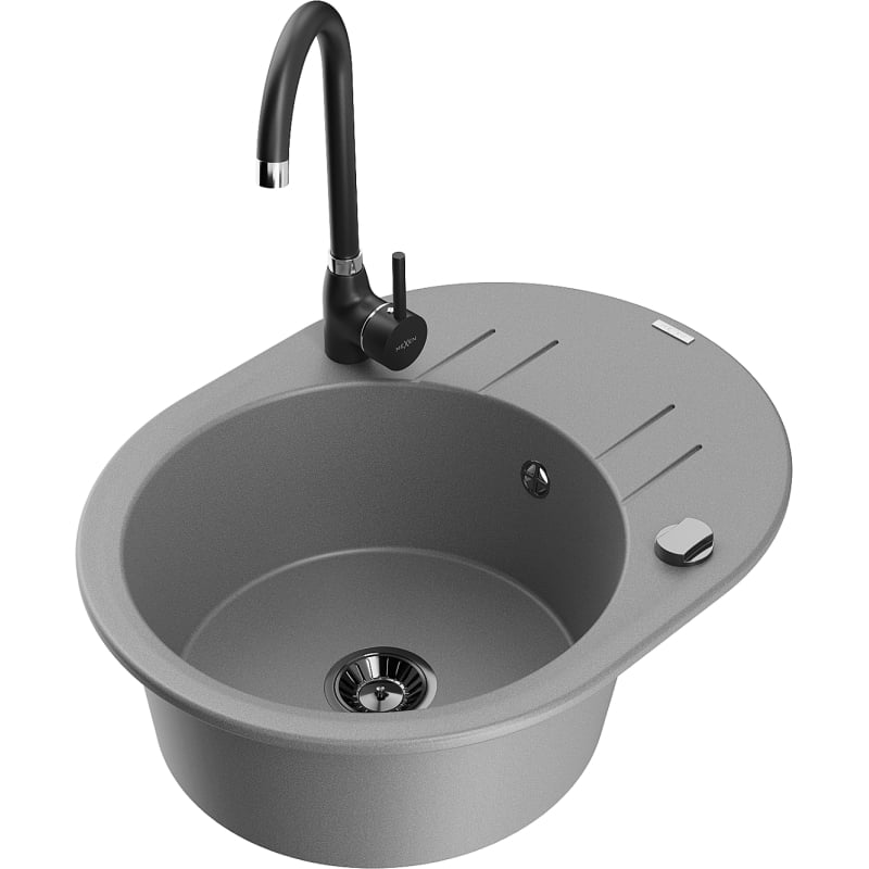 Mexen Kevin 1-bowl granite sink with a drainer and Telma kitchen faucet, gray - 6517-71-670200-70-B