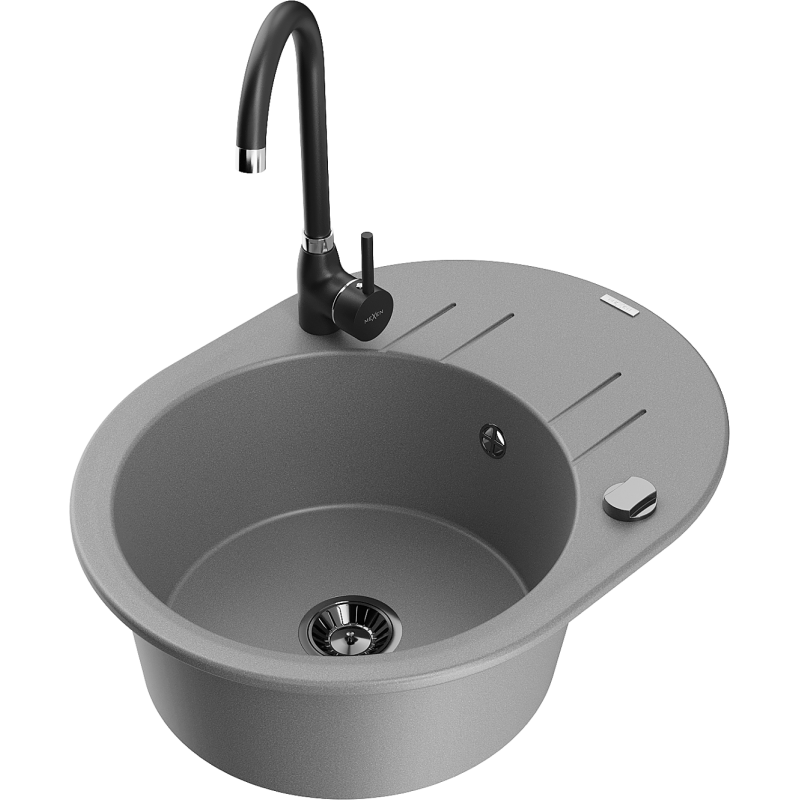 Mexen Kevin 1-compartment granite sink with a drip tray and kitchen mixer tap Telma, Grey - 6517-71-670200-70-B