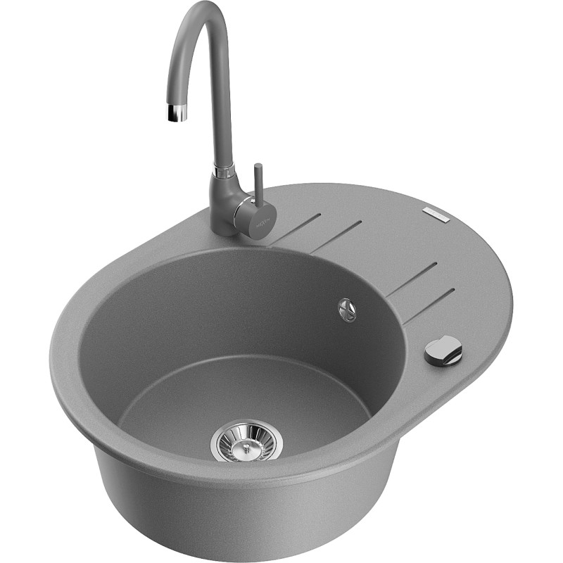 Mexen Kevin granite sink 1-bowl with drainer and Telma kitchen faucet, gray - 6517-71-670200-71
