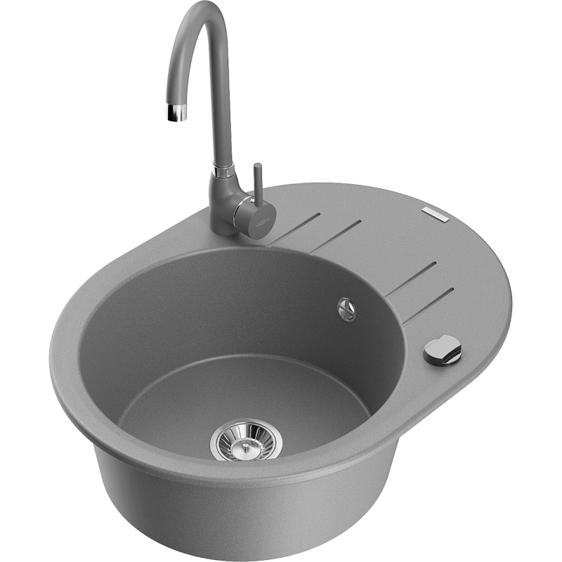 Mexen Kevin granite sink 1-bowl with drainer and Telma kitchen tap, grey - 6517-71-670200-71