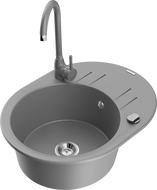 Mexen Kevin granite kitchen sink 1-bowl with drainer and Telma kitchen faucet, gray - 6517-71-670200-71