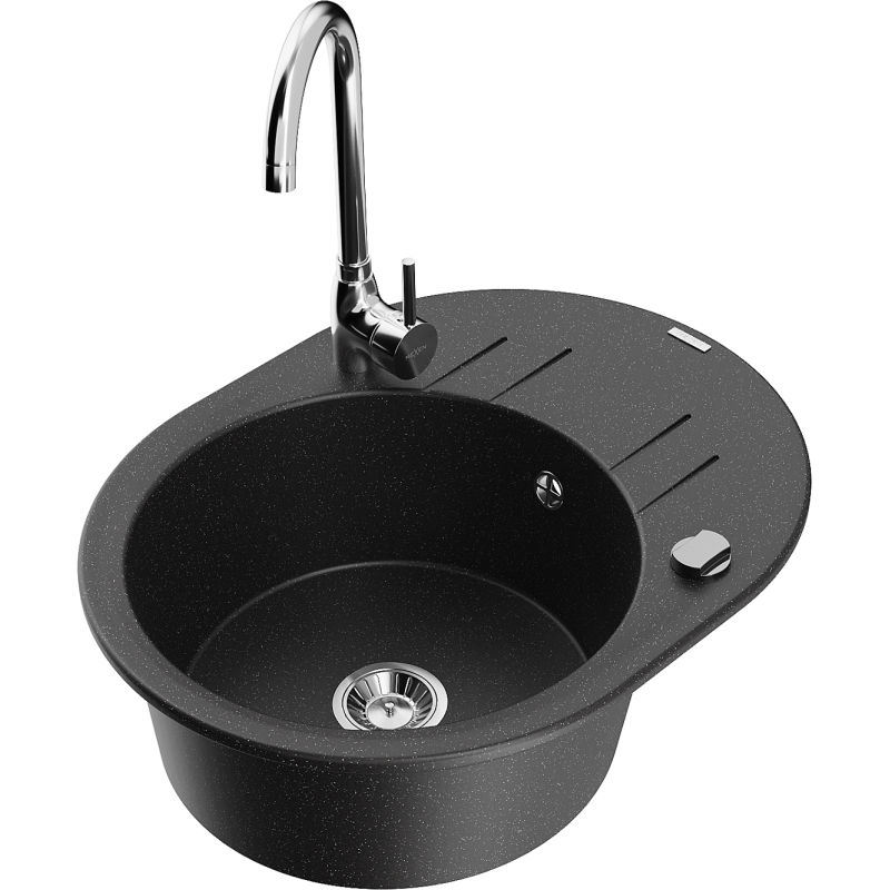 Mexen Kevin 1-bowl granite sink with drainer and Telma kitchen tap, black/silver metallic - 6517-73-670200-00