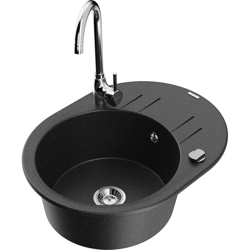Mexen Kevin granite sink 1-chamber with drainer and kitchen faucet Telma, black/silver metallic - 6517-73-670200-00