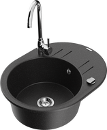 Mexen Kevin 1-compartment granite sink with a drip tray and kitchen mixer tap Telma, Black/Silver metallic - 6517-73-670200-00