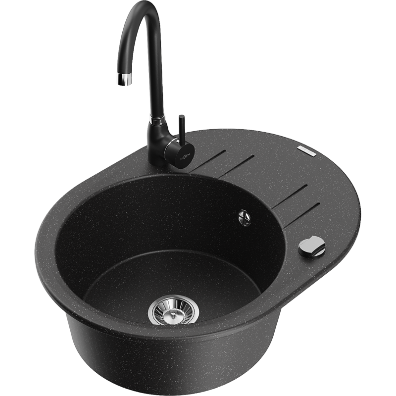 Mexen Kevin 1-bowl granite sink with drainer and Telma kitchen tap, black/silver metallic - 6517-73-670200-70
