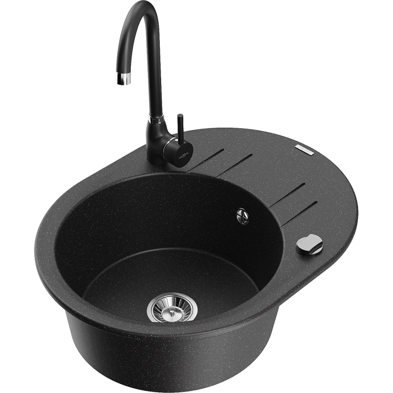 Mexen Kevin 1-compartment granite sink with a drip tray and kitchen mixer tap Telma, Black/Silver metallic - 6517-73-670200-70