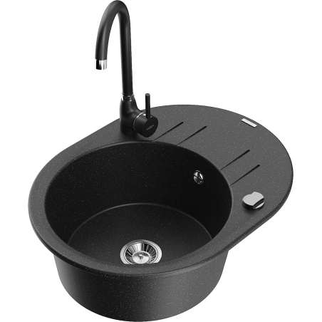 Mexen Kevin 1-bowl granite sink with drainer and Telma kitchen tap, black/silver metallic - 6517-73-670200-70