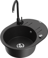 Mexen Kevin 1-bowl granite sink with drainer and Telma kitchen tap, black/silver metallic - 6517-73-670200-70