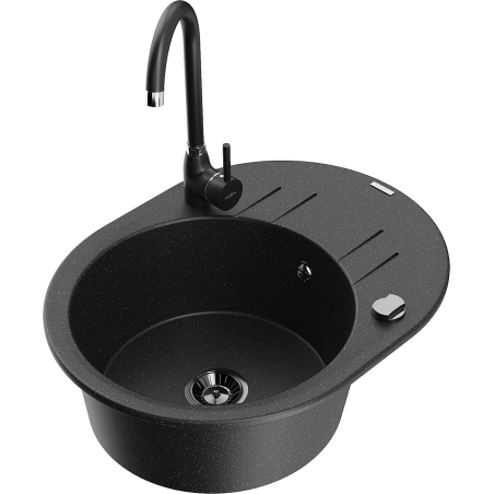 Mexen Kevin 1-bowl granite sink with drainer and kitchen faucet Telma, black/silver metallic - 6517-73-670200-70-B