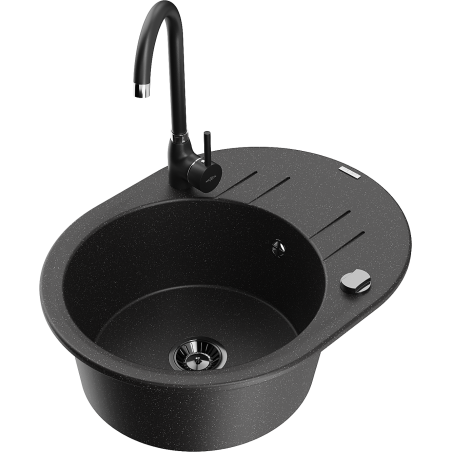 Mexen Kevin granite kitchen sink 1-bowl with drainer and Telma kitchen faucet, black/silver metallic - 6517-73-670200-70-B