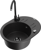 Mexen Kevin granite kitchen sink 1-bowl with drainer and Telma kitchen faucet, black/silver metallic - 6517-73-670200-70-B