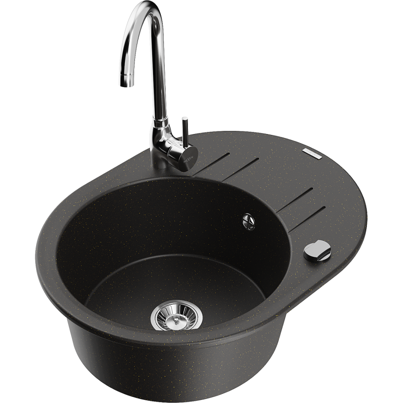Mexen Kevin 1-compartment granite sink with a drip tray and kitchen mixer tap Telma, Black/Gold metallic - 6517-75-670200-00