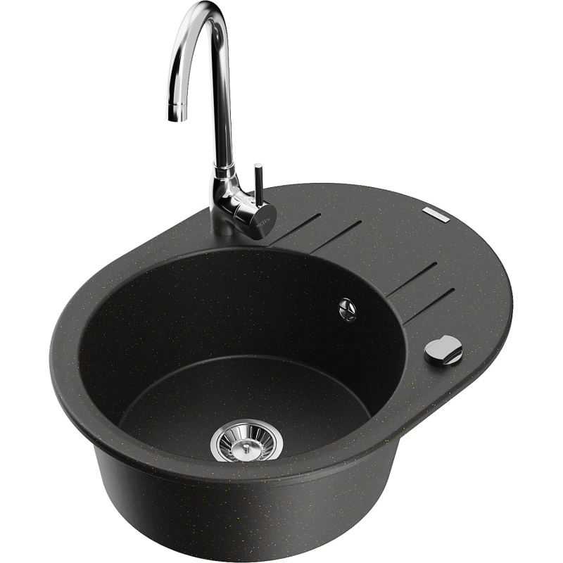 Mexen Kevin granite kitchen sink 1-bowl with drainer and Telma kitchen tap, black/gold metallic - 6517-75-670200-00