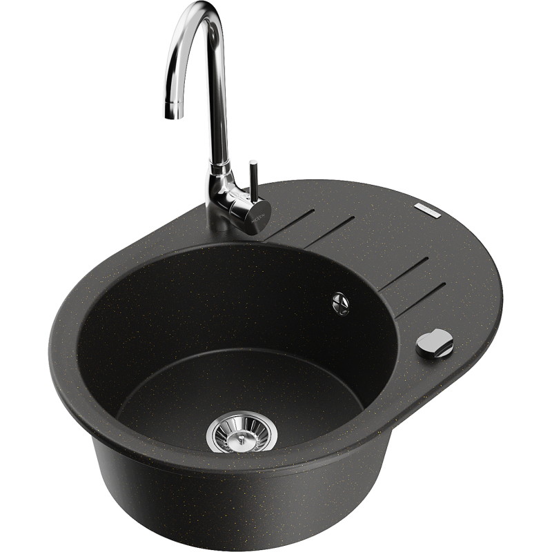 Mexen Kevin granite single-bowl sink with drainer and Telma kitchen faucet, black/golden metallic - 6517-75-670200-00