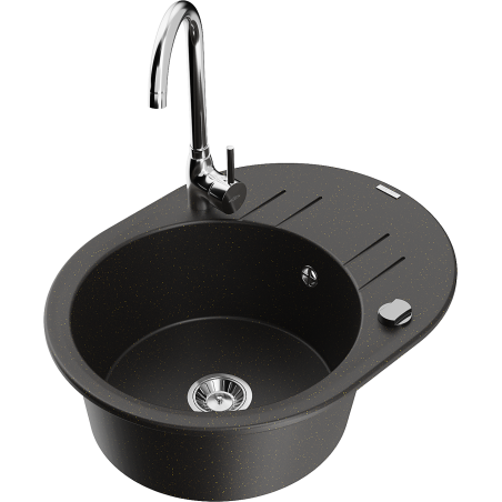 Mexen Kevin granite kitchen sink 1-bowl with drainer and Telma kitchen tap, black/gold metallic - 6517-75-670200-00