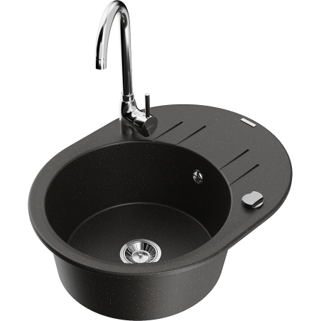 Mexen Kevin granite single-bowl sink with drainer and Telma kitchen faucet, black/golden metallic - 6517-75-670200-00